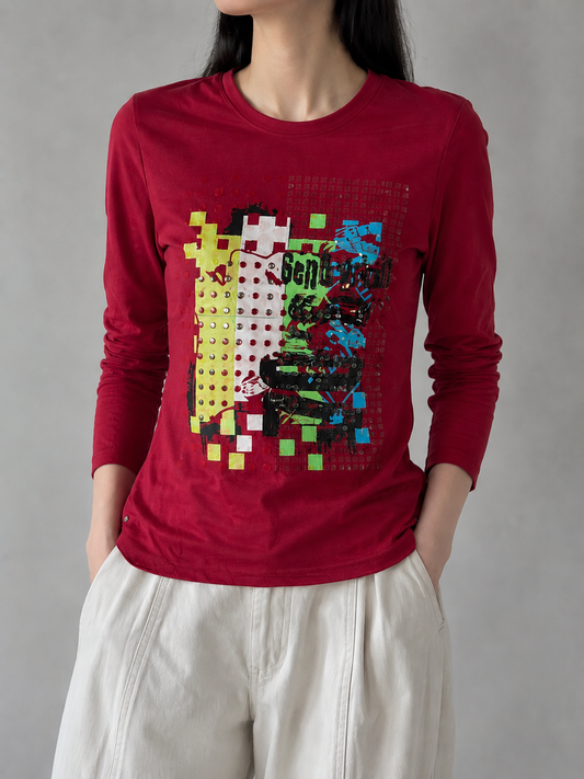 Women’s Y2K Graphic Plaid Panel Long Sleeve Tee