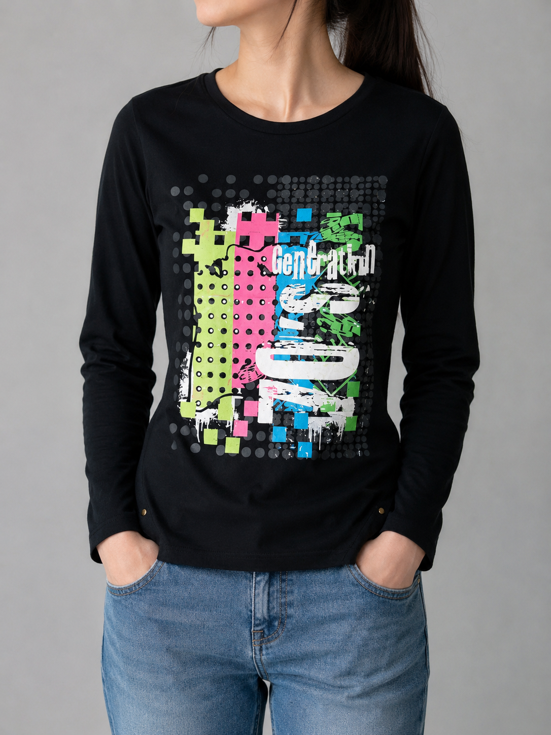 Women’s Y2K Graphic Plaid Panel Long Sleeve Tee