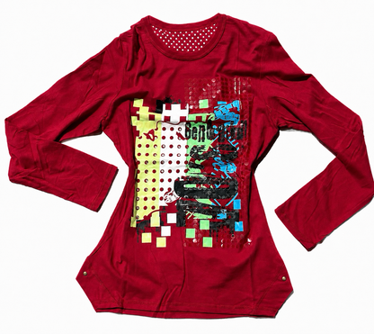 Women’s Y2K Graphic Plaid Panel Long Sleeve Tee